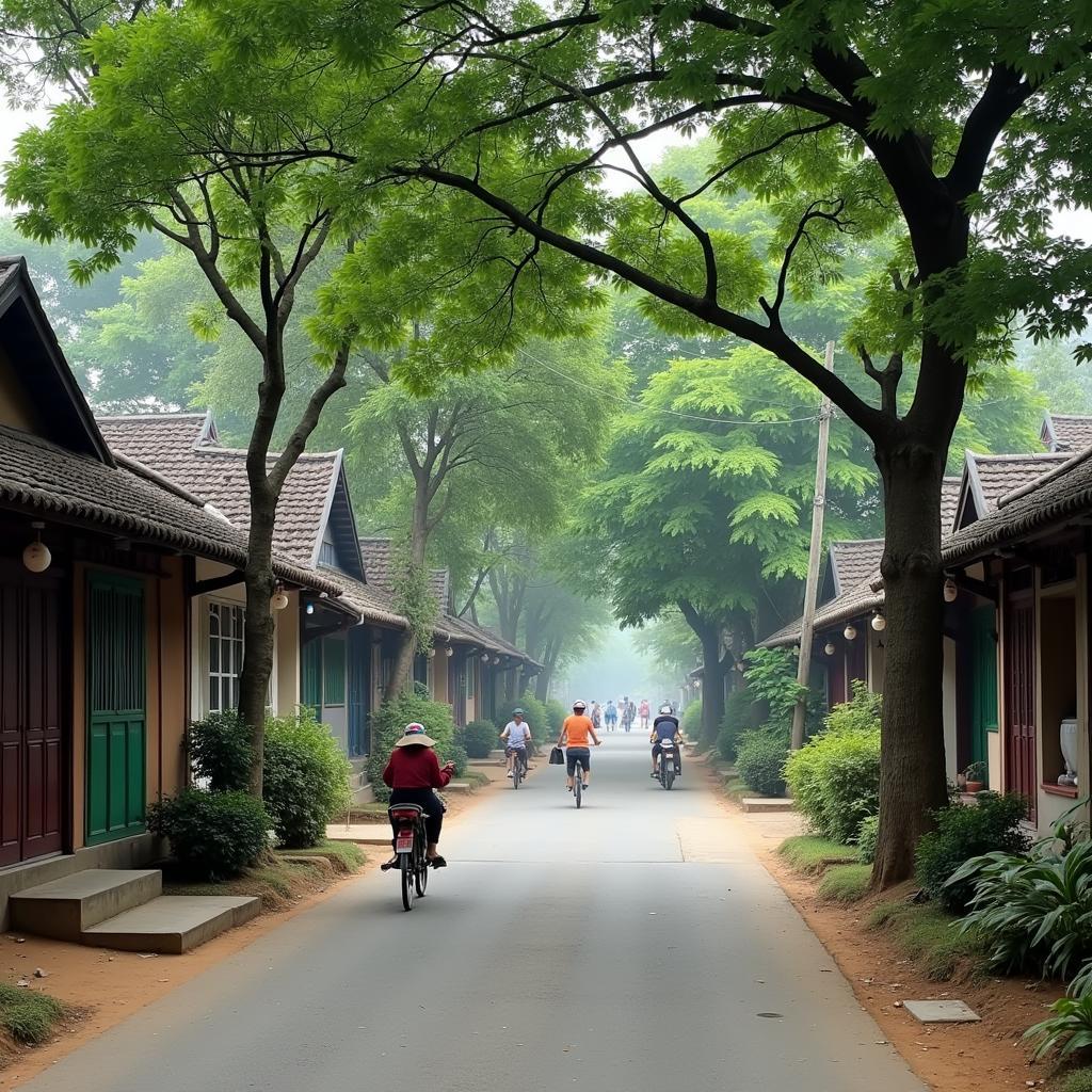 Hình ảnh cuộc sống bình yên tại một góc làng quê ở Xã Phú Xuyên, Huyện Phú Xuyên, Hà Nội với cây xanh, nhà cửa và đường làng